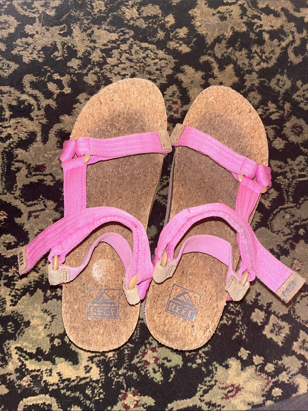 Reef Kids Pink Cork Strap Sandals with Adjustable Fabric Straps